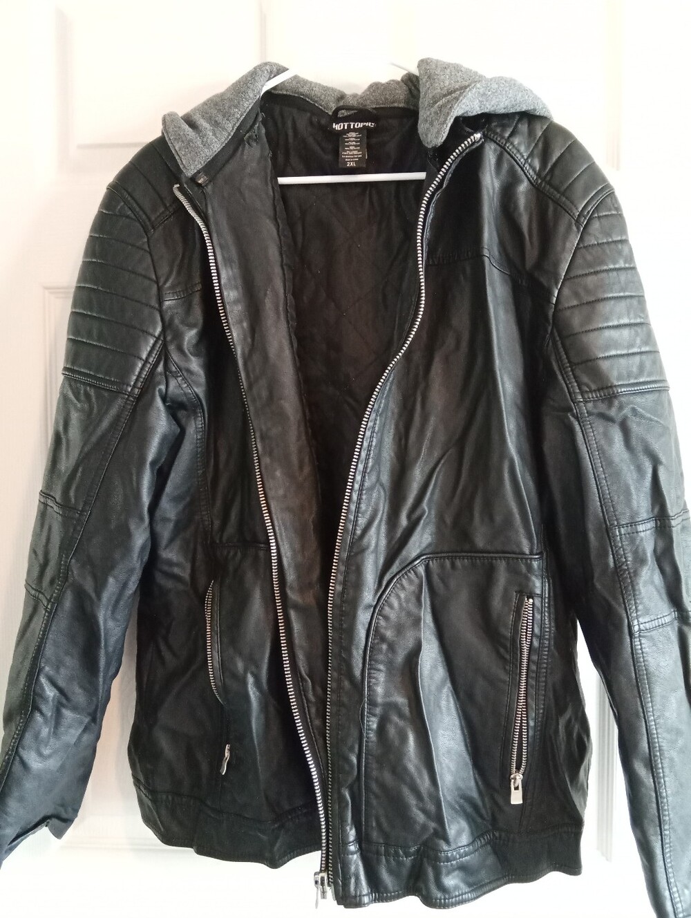 Hot Topic Black Faux Leather Jacket with Grey Hood